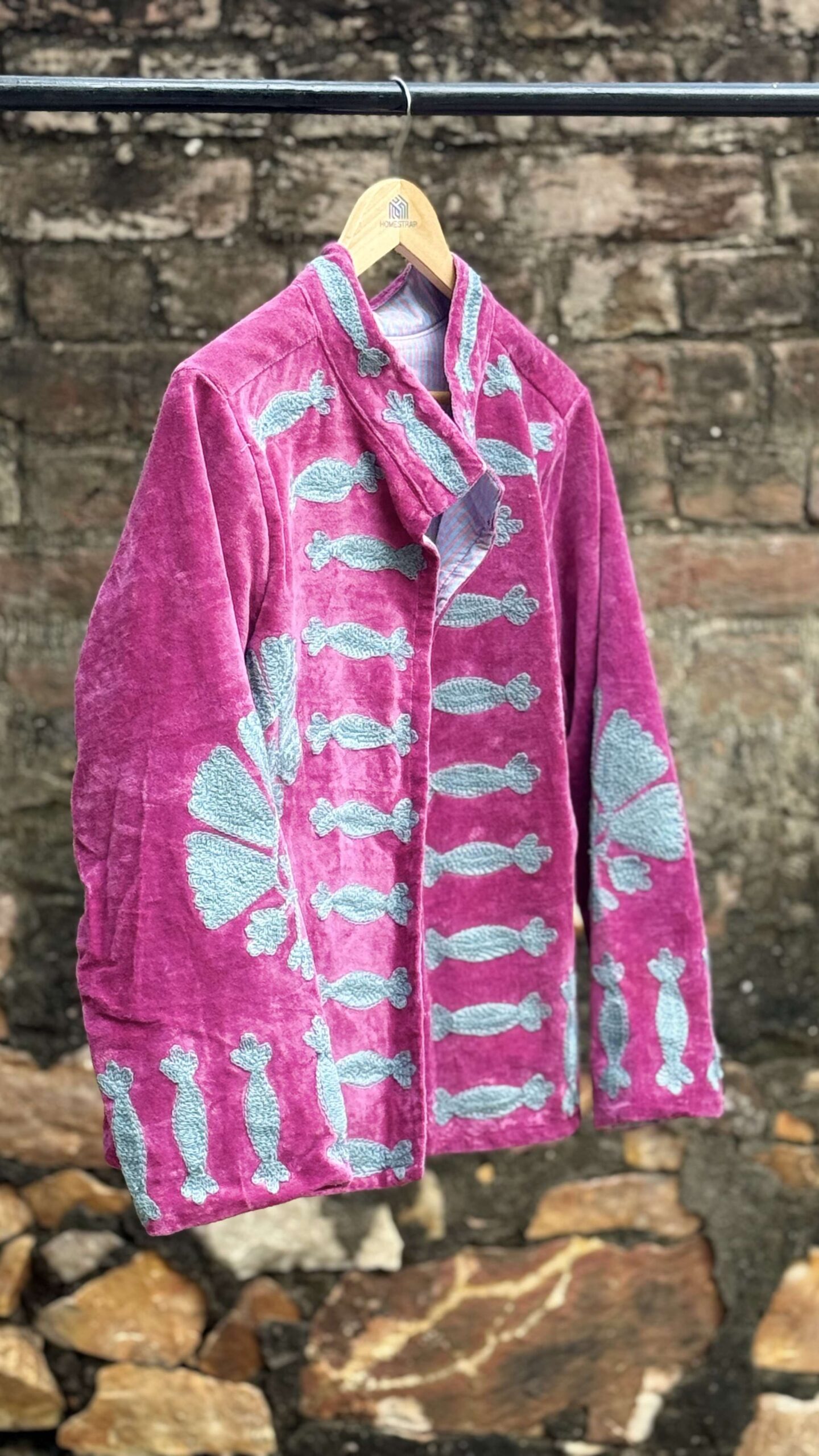 Womens Pink Velvet Embroidered Jacket with Floral Design - Image 5
