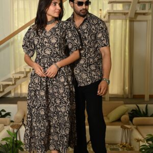 Couple Matching Red Printed Cotton Anarkali Midi Dress & Shirt Set ? Summer Casual Wear