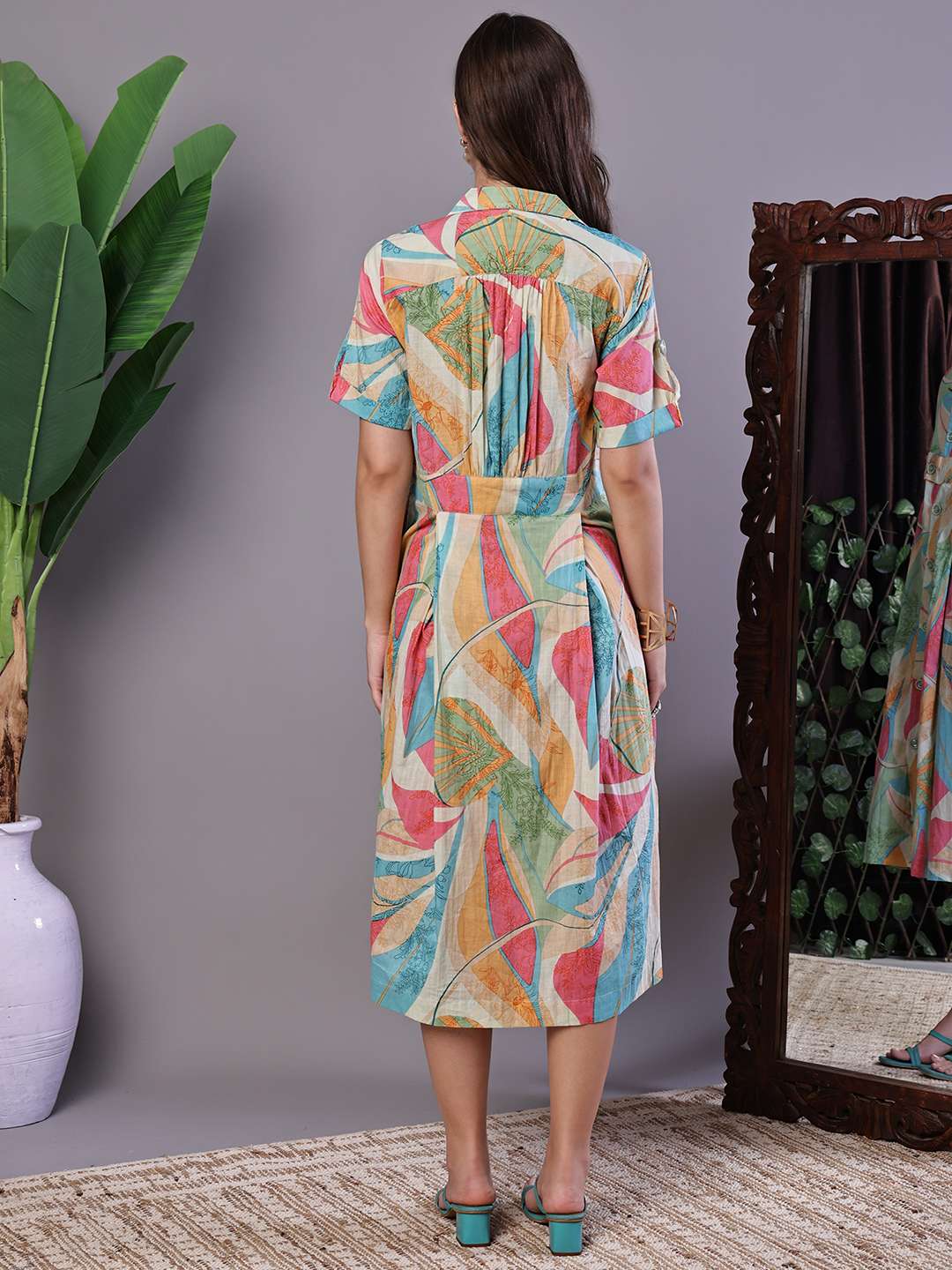 Women's Pastel Abstract Print Button-Down Cotton Midi Dress - Image 2